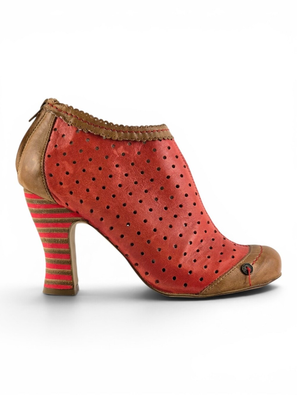 Gold Button Women's Red Leather Perforated Striped Heeled Ankle Boots 39